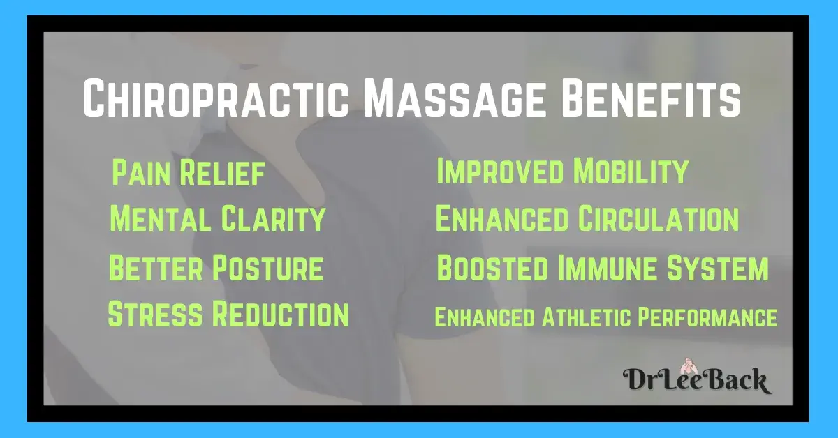 List of Chiropractic Massage Benefits including Pain Relief, Mental Clarity, Better Posture, Stress Reduction, Improved Mobility, Enhanced Circulation, Boosted Immune System, and Enhanced Athletic Performance.