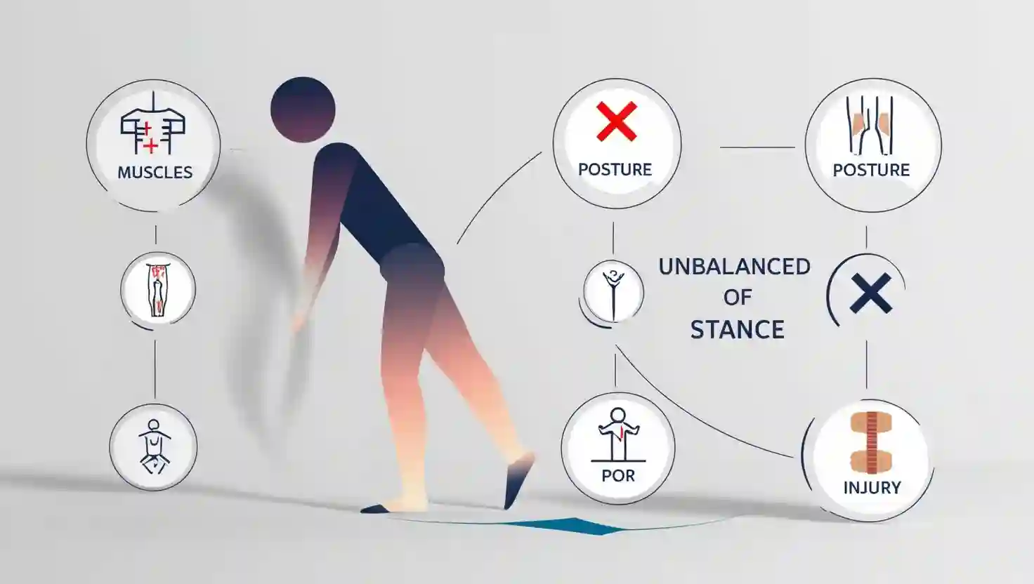 Illustration showing causes of unbalanced stance, including weak muscles and poor posture.