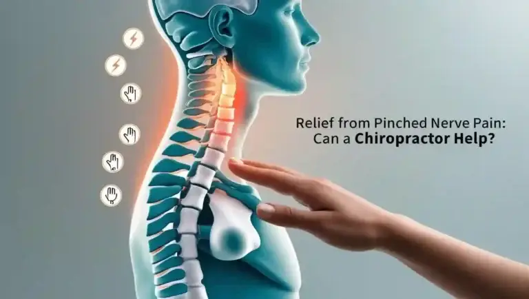 Illustration of the human spine with highlighted areas for pinched nerves and a chiropractor’s hand showing treatment for nerve relief.