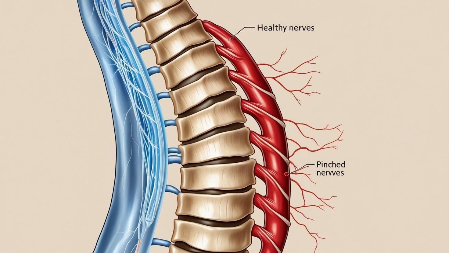 Graphic showing a human spine with key pressure points, representing areas commonly affected by pinched nerves.