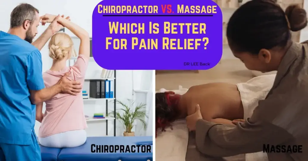 Side-by-side comparison of a chiropractor adjusting a patient and a therapist performing a back massage.