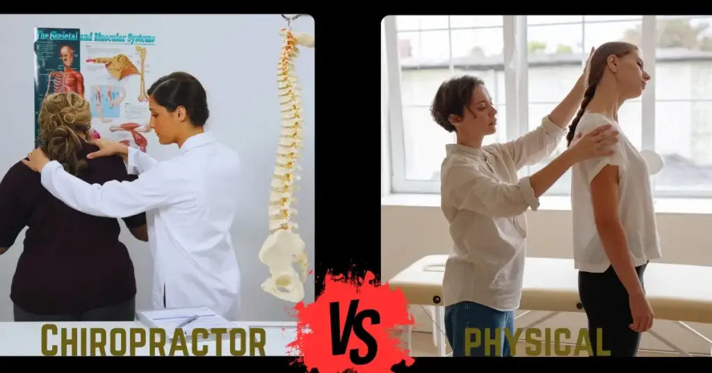 Comparison of a chiropractor and a physical therapist treating patients, highlighting their different approaches to care.