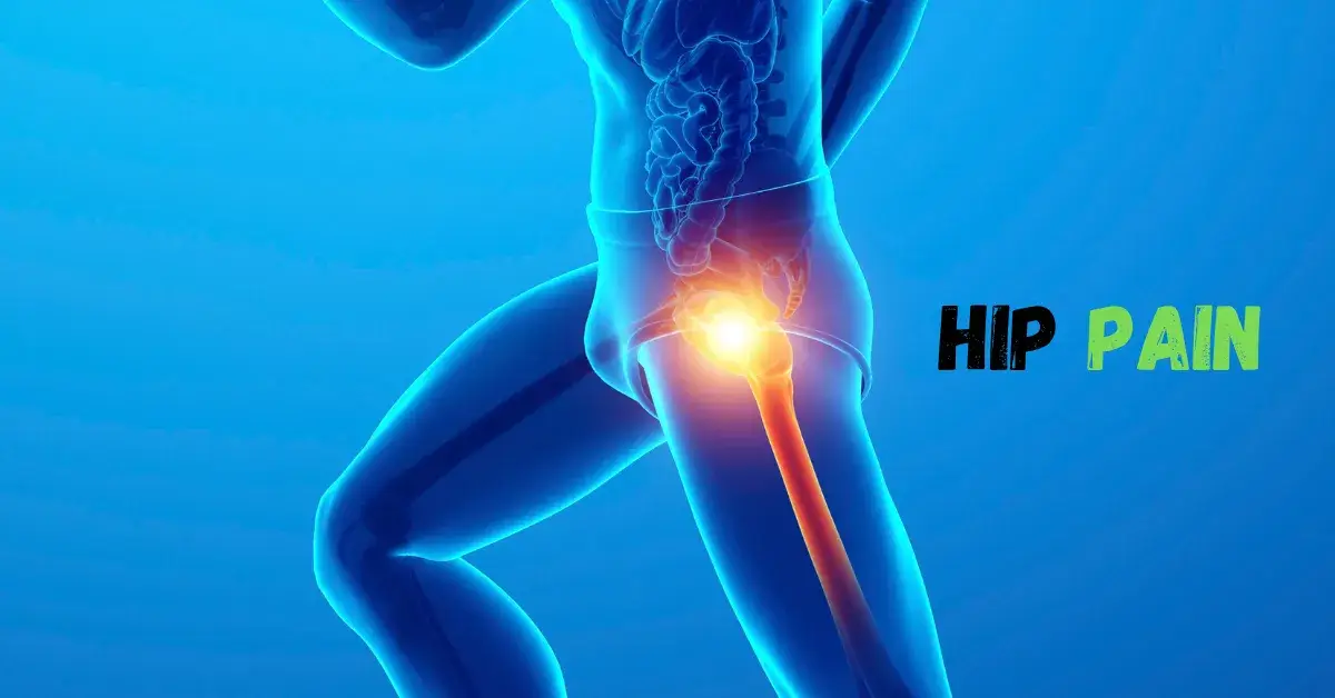 A 3D illustration showing a human body with the hip area highlighted in orange to indicate pain, set against a blue background.