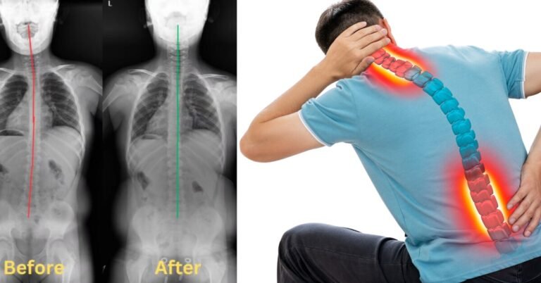 Before and after chiropractic treatment for sciatica, showing spinal alignment improvement.