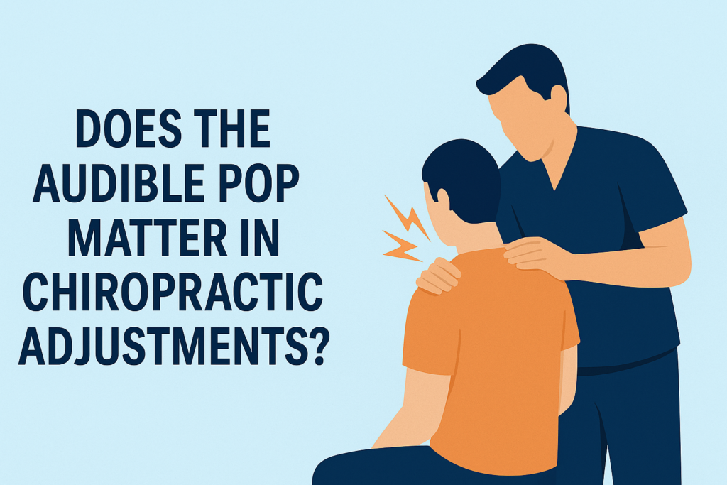Patient wondering if the audible pop during chiropractic adjustment is necessary, with a spine graphic in the background