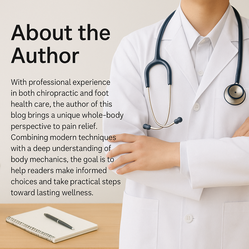Professional doctor in white coat with stethoscope, crossed arms, and author bio text for a chiropractic and podiatry blog