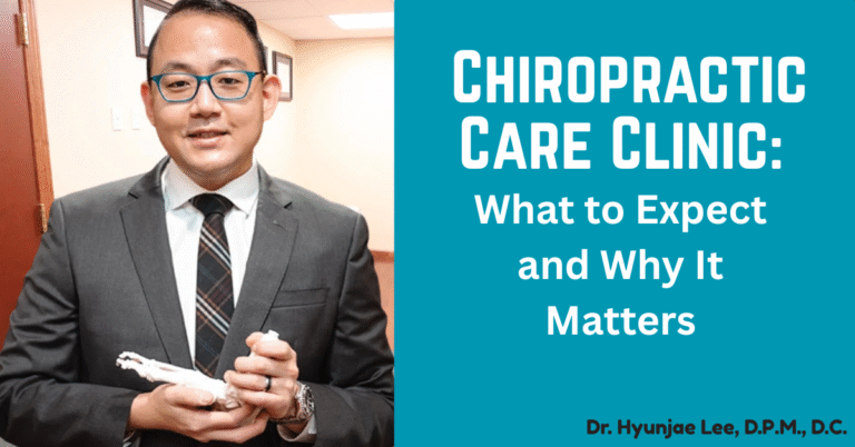 Professional chiropractor Dr. Hyunjae Lee in an office setting holding a foot bone model, promoting chiropractic care clinic services.