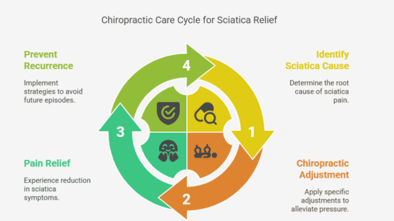 "Chiropractic care cycle infographic showing four steps to relieve sciatica: identify cause, chiropractic adjustment, pain relief, and prevent recurrence."
