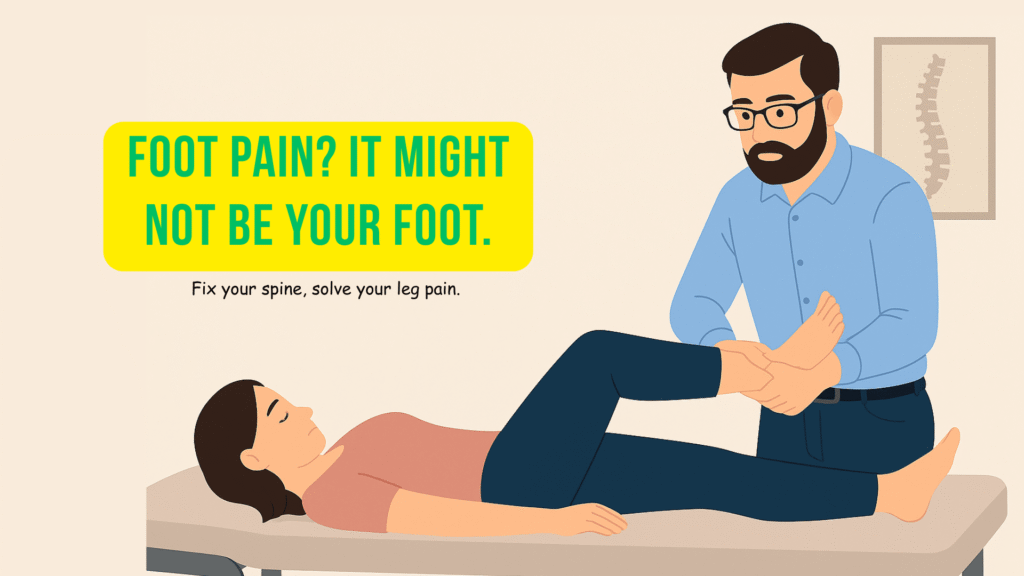 A chiropractor treats a female patient by manipulating her foot while she lies on a table in a calm, minimalist clinical setting.