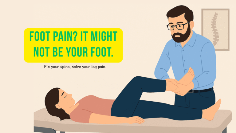 A chiropractor treats a female patient by manipulating her foot while she lies on a table in a calm, minimalist clinical setting.