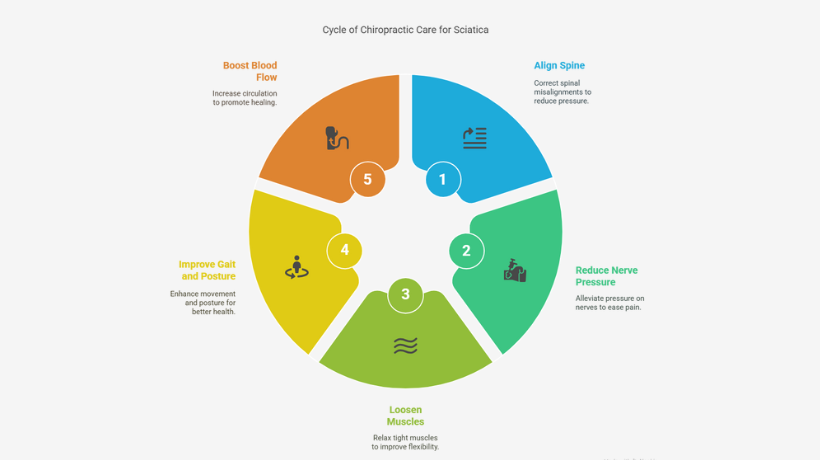 Infographic showing the five-step cycle of chiropractic care for sciatica, including aligning the spine, reducing nerve pressure, loosening muscles, improving gait and posture, and boosting blood flow.