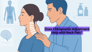 Illustration of a chiropractor performing a neck adjustment on a woman, with spine anatomy highlighted and medical posters in the background. Text overlay asks, "Does Chiropractic Adjustment Help with Neck Pain?"