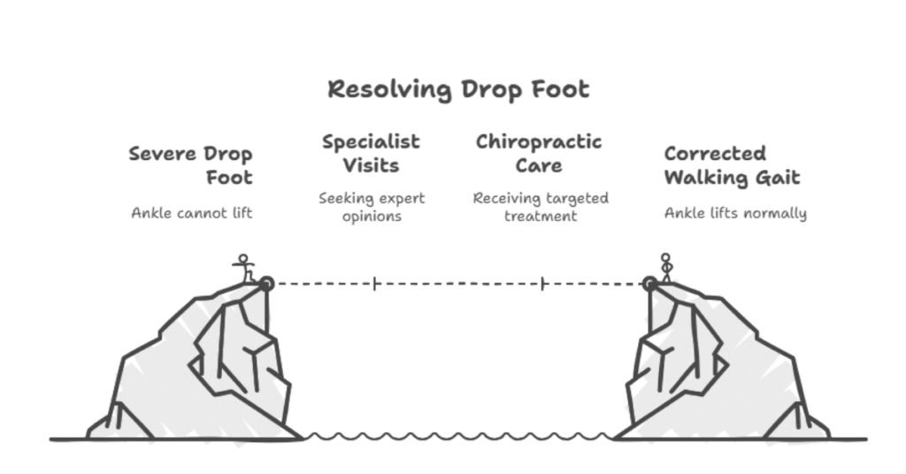 Bridge illustration showing the progression from severe drop foot to corrected walking gait through specialist visits and chiropractic care.