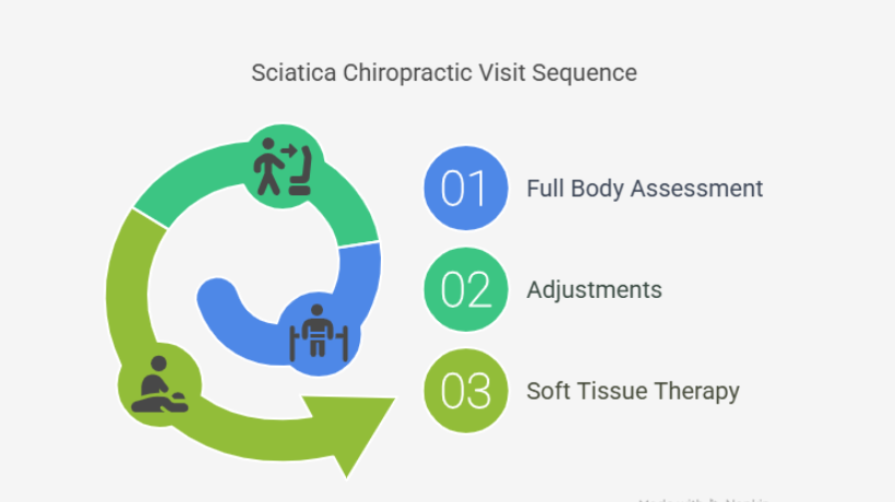 Infographic showing the three-step sequence of a chiropractic visit for sciatica: full body assessment, adjustments, and soft tissue therapy.