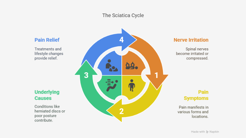 "Infographic showing the four stages of the sciatica cycle: nerve irritation, pain symptoms, underlying causes, and pain relief."