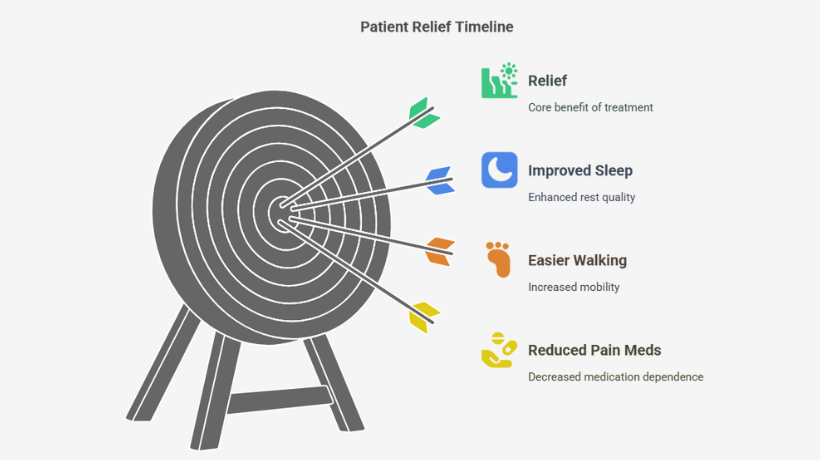 Infographic of a target with arrows representing patient benefits from chiropractic care, including relief, improved sleep, easier walking, and reduced pain medications.