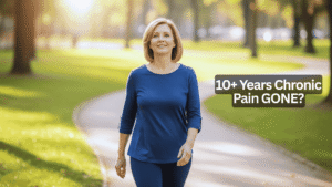 Middle-aged woman walking confidently in a sunny park, with text overlay reading 10+ Years Chronic Pain GONE?