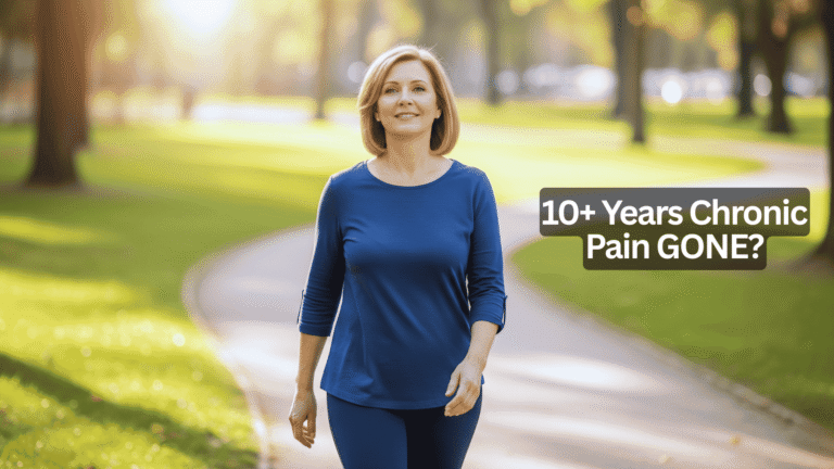 Middle-aged woman walking confidently in a sunny park, with text overlay reading 10+ Years Chronic Pain GONE?