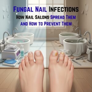 “Comparison of healthy and fungal-infected toenails in a nail salon showing clean vs. unhygienic conditions, with foot care tools and a podiatrist-recommended hygiene setup.”