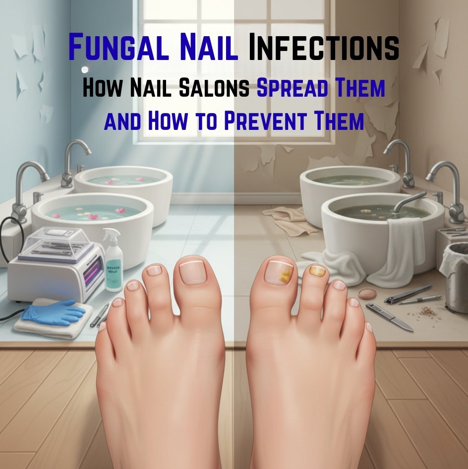 “Comparison of healthy and fungal-infected toenails in a nail salon showing clean vs. unhygienic conditions, with foot care tools and a podiatrist-recommended hygiene setup.”