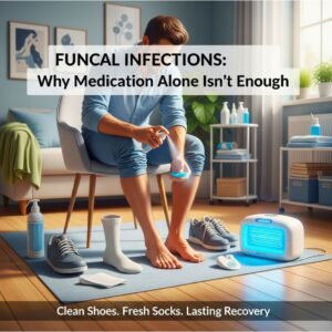 A man applying antifungal spray on his foot at home, surrounded by clean shoes, socks, and foot care products, symbolizing fungal infection prevention.