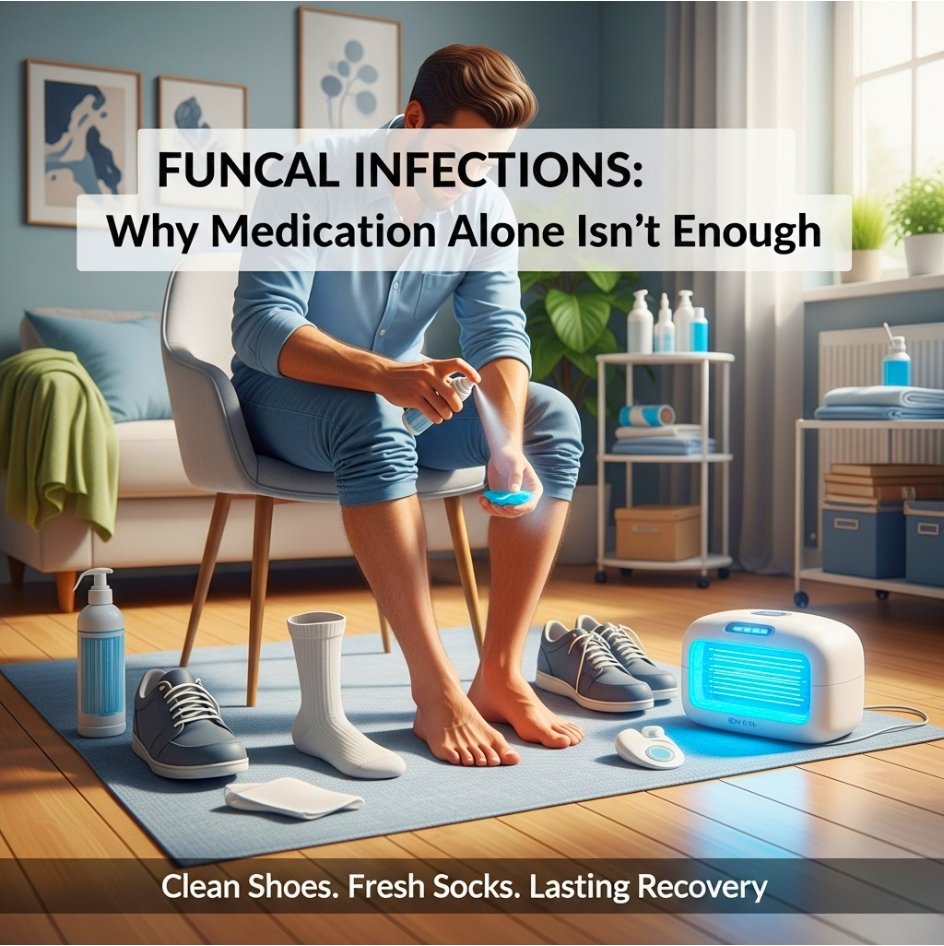 A man applying antifungal spray on his foot at home, surrounded by clean shoes, socks, and foot care products, symbolizing fungal infection prevention.