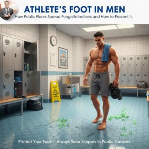 A man standing barefoot in a gym locker room, showing how public floors can spread athlete’s foot and fungal foot infections, with slippers in hand.