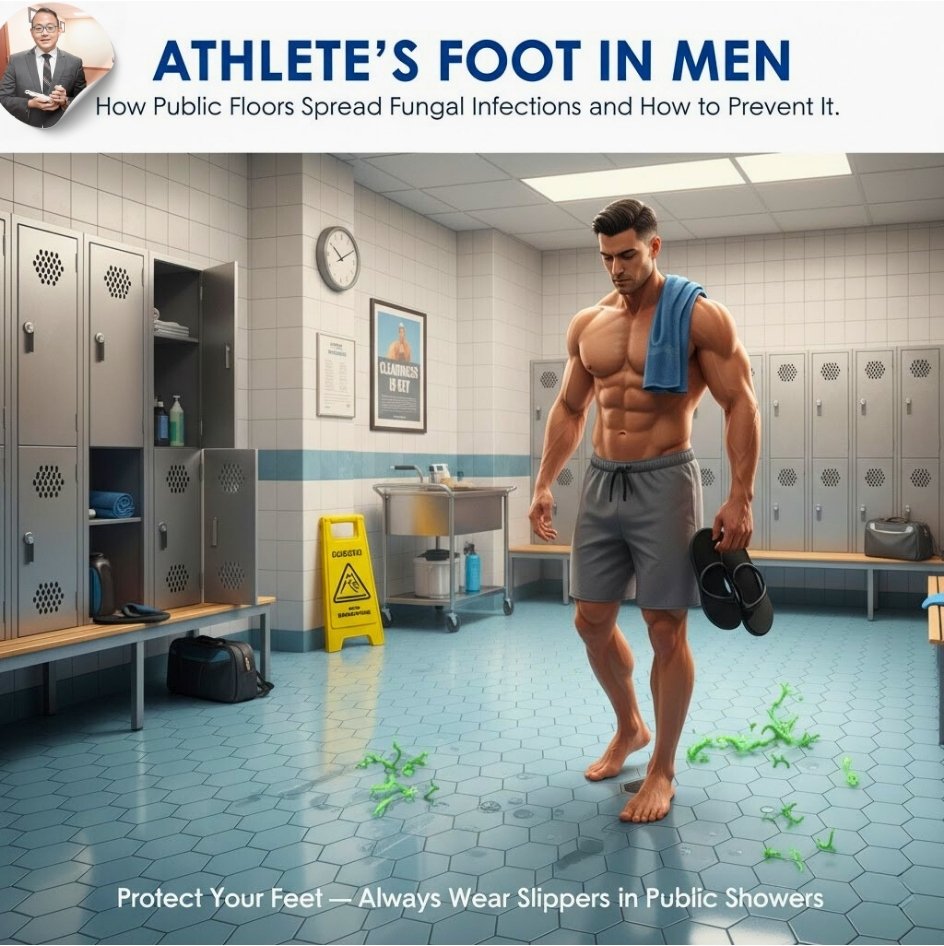 A man standing barefoot in a gym locker room, showing how public floors can spread athlete’s foot and fungal foot infections, with slippers in hand.